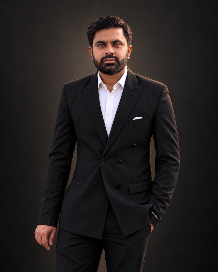 Taha, founder of Halvora Studio, in a black double-breasted suit